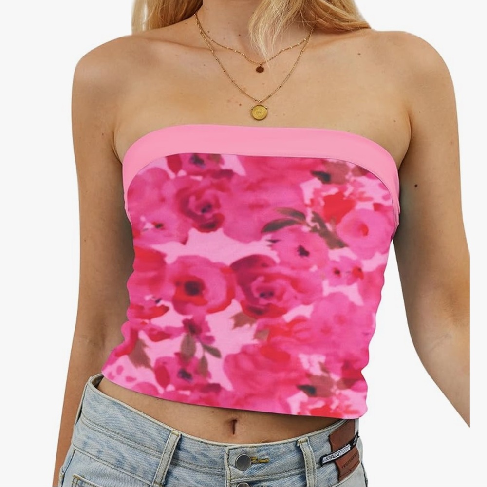Chic Nation Pink Floral Strapless Crop Top